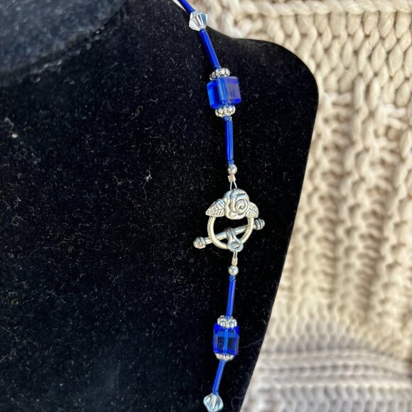 Vintage faceted glass beads necklace toggle clasp cobalt blue - Picture 2 of 3